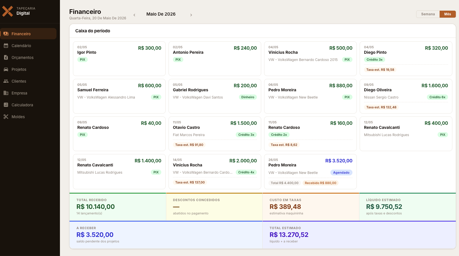 Tela do financeiro mostrando entradas do mês