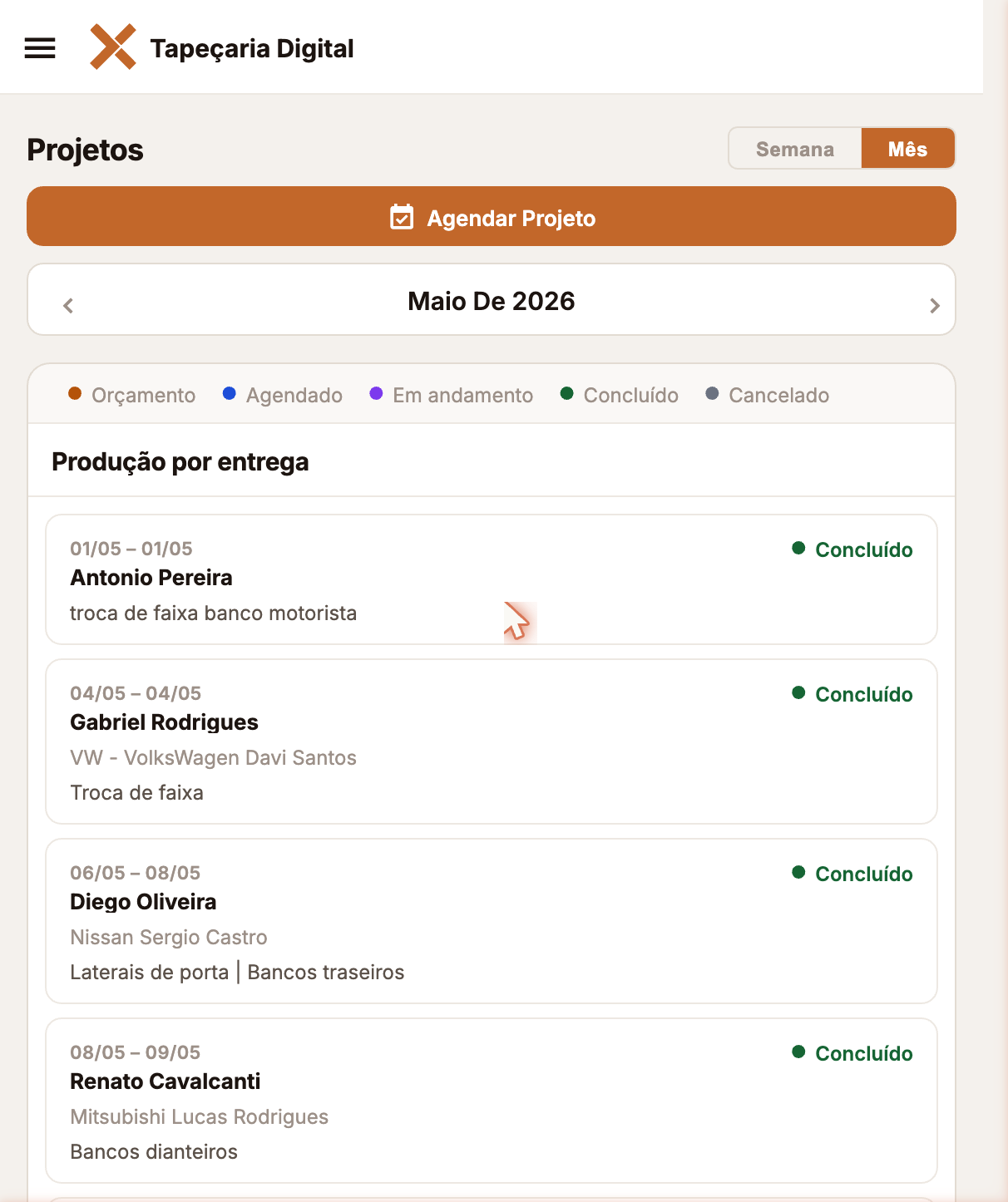 Tela de projetos no celular