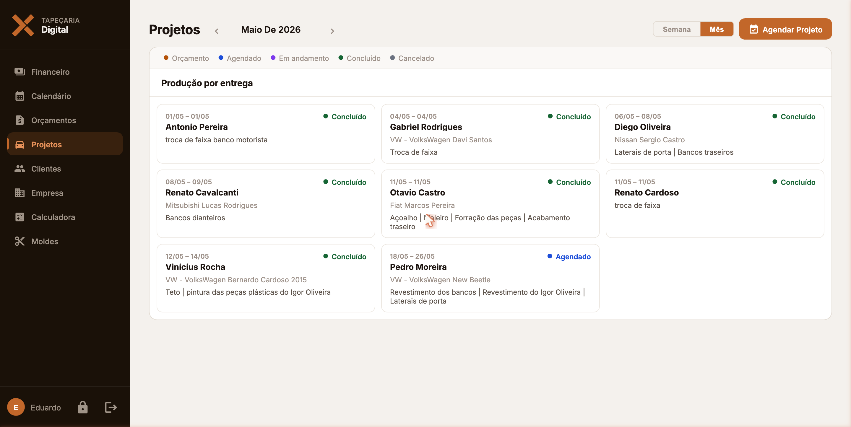 Lista de projetos por status